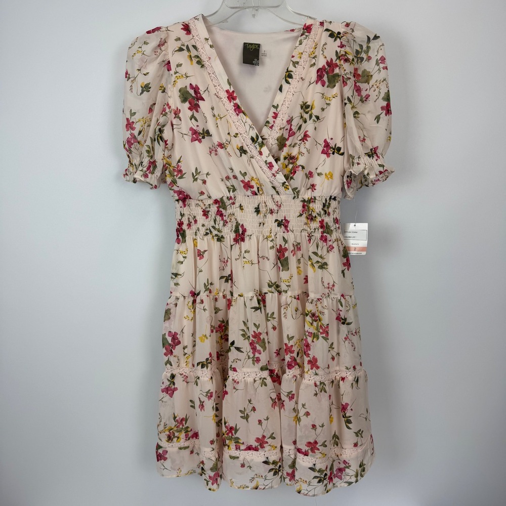 Taylor Floral Tiered Mini Dress Smocked Waist Lace Trim Pink 3334M Womens 2 NEW